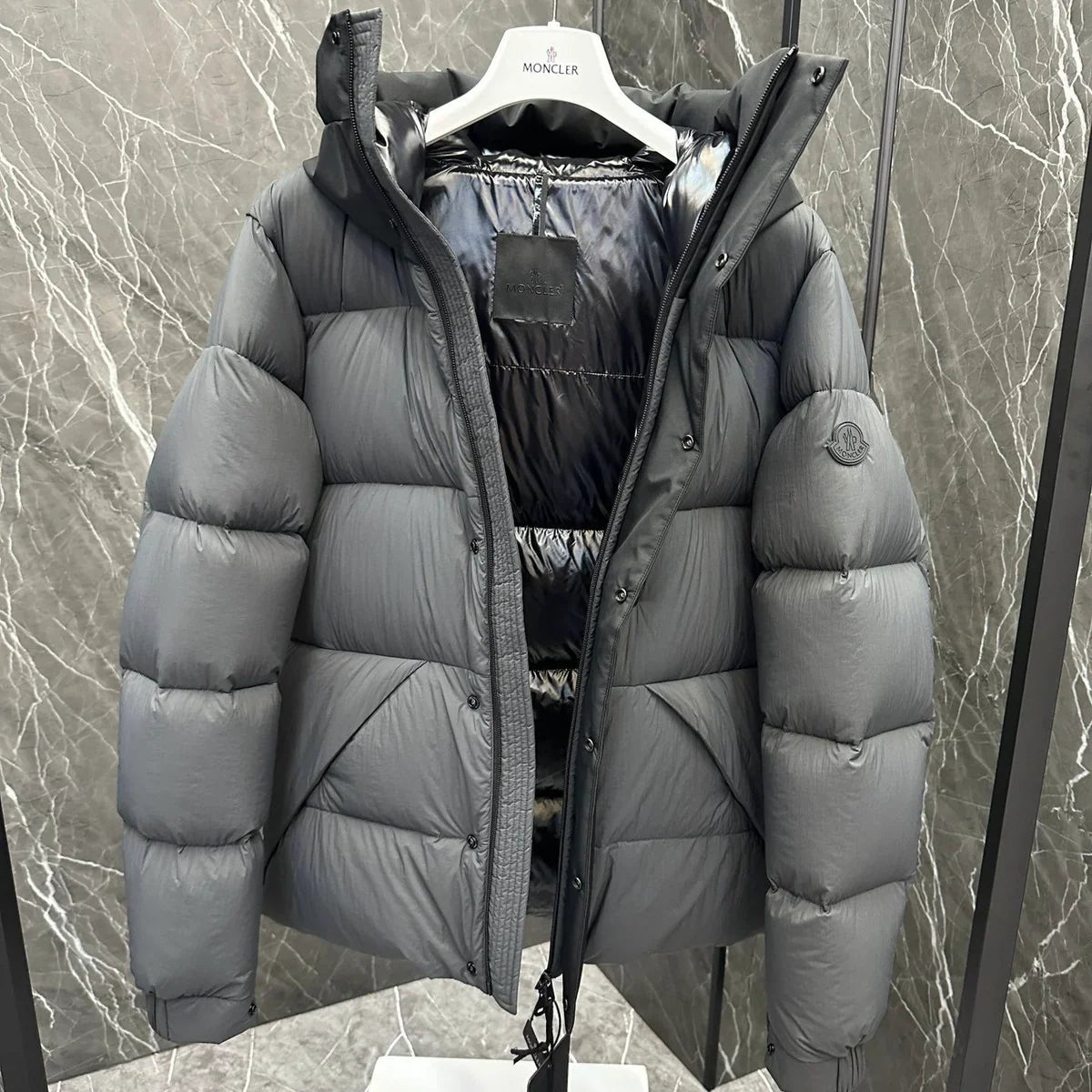 (PRE ORDER) MNCLR BLACK BADGE PUFFER COAT - GREY, BLACK & BLUE